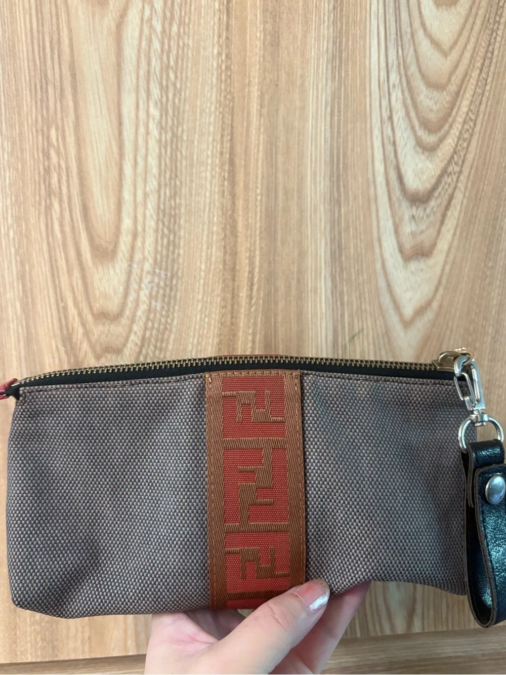 Auth Fendi Logo canvas pouch